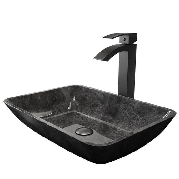 Rectangular Gray OnyxGlass Vessel Bathroom Sink Set with Duris Vessel Faucet in Matte Black