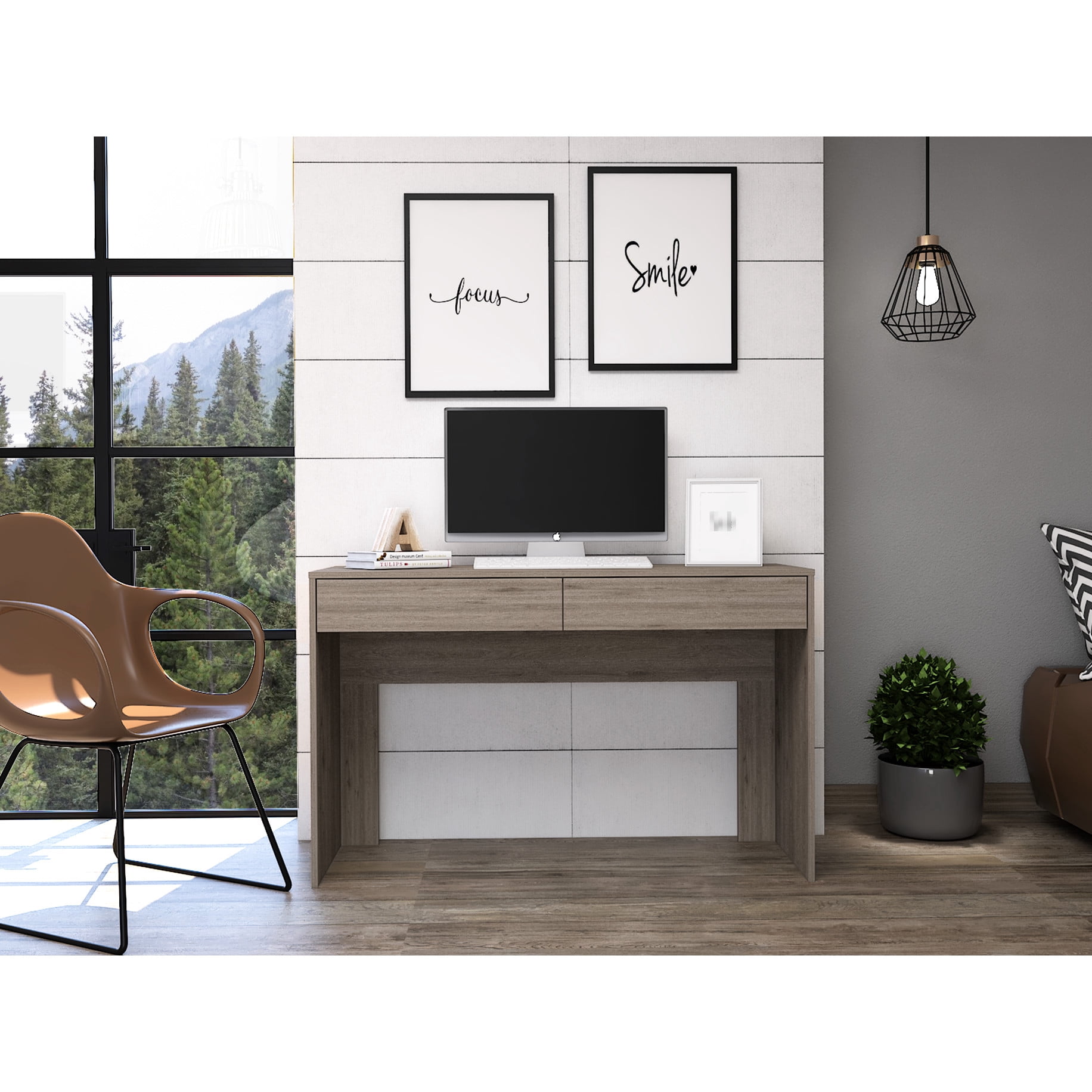 Grey Computer Table Rectangular Grey Desk With Two Drawers, For Home Office, Modern Style ...