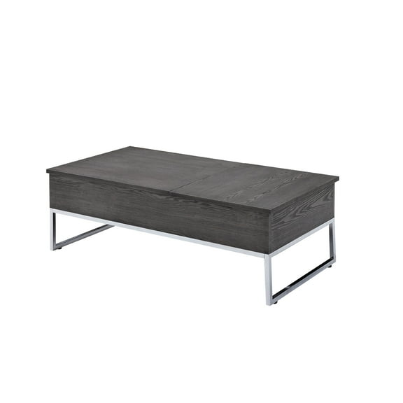Rectangular Grey Oak Coffee Table With Sled Base And Lift Top Storage For Remotes Modern Finish Metal Base, Concealed