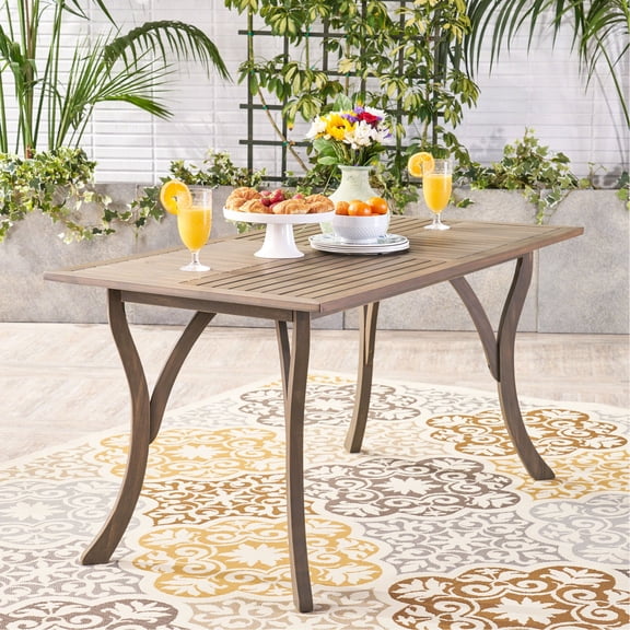 Rectangular Grey Outdoor Table | Used for Relaxing Outdoor Meals | Made of Acacia Wood with Soft Curves | Endures Exposure