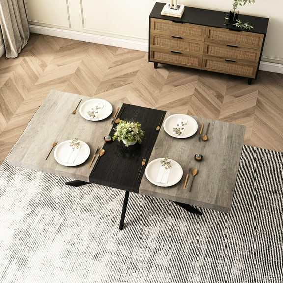 Rectangular Grey Stretchable Table, Black Center Plate, Iron Foot Base, Storage, Seats 6, Made Of And Metal Stretch Dining Table In Color, Top With Center, Foot, Storage Included, +