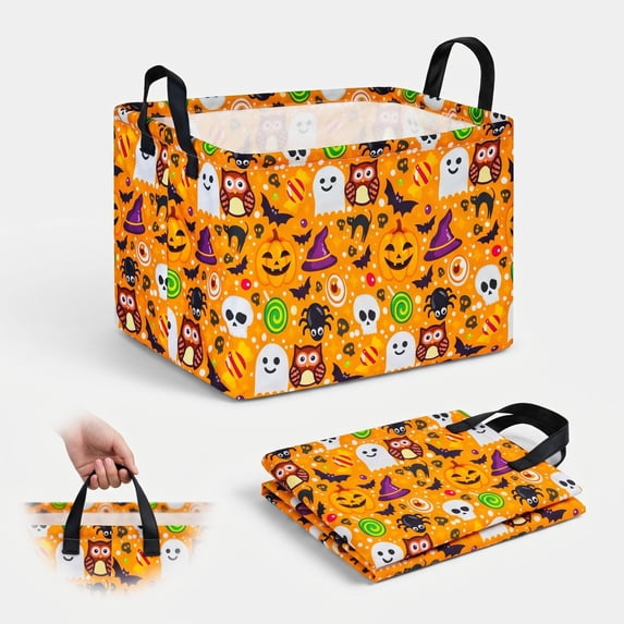 Rectangular Halloween Basket, Pumpkin Basket for Halloween Parties Cute Storage Bin Organizer Box Room Decor, Foldable Fabric Organizer Basket with Handles for Bedroom Dormitory Wardrobe Closet