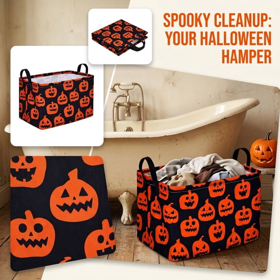 Rectangular Halloween Basket, Pumpkin Basket for Halloween Parties Cute Storage Bin Organizer Box Room Decor, Foldable Fabric Organizer Basket with Handles for Bedroom Dormitory Wardrobe Closet