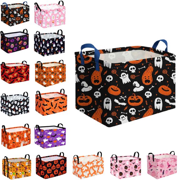 Rectangular Halloween Horror Ghost Storage Basket,Scary Pumpkin Basket,Halloweens Party Baskets,Halloween Candy Storage Baskets with Handles,Collapsible Storage Box Bin (O-1PCS)