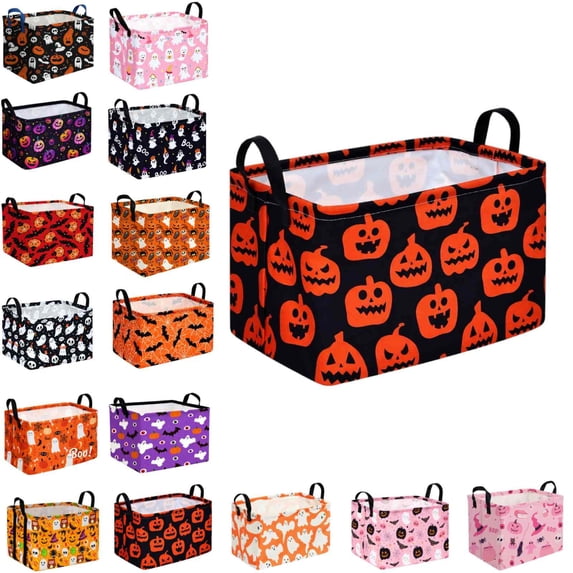 Rectangular Halloween Horror Ghost Storage Basket,Scary Pumpkin Basket,Halloweens Party Baskets,Halloween Candy Storage Baskets with Handles,Collapsible Storage Box Bin (F-1PCS)
