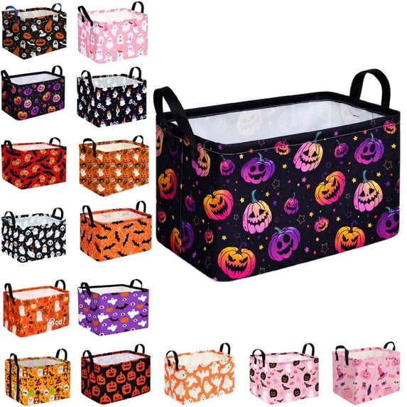 Rectangular Halloween Horror Ghost Storage Basket,Scary Pumpkin Basket,Halloweens Party Baskets,Halloween Candy Storage Baskets with Handles,Collapsible Storage Box Bin (J-1PCS)