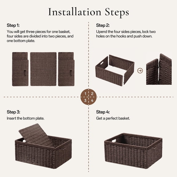 Rectangular Hand-Woven Storage Bin Dark Brown 2 Pack 13.4l X 8.3w X 7.1h Inch For Pantry Shelf Organization