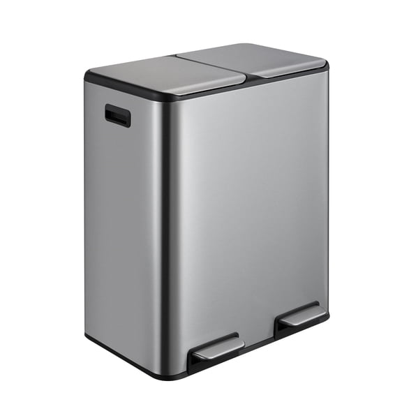 Rectangular Hands-Free,Dual Compartment Recycling Kitchen Step Trash Can with Soft-Close Lid, 2 Plastic Inner Buckets and Hinged Lids,Stainless Steel