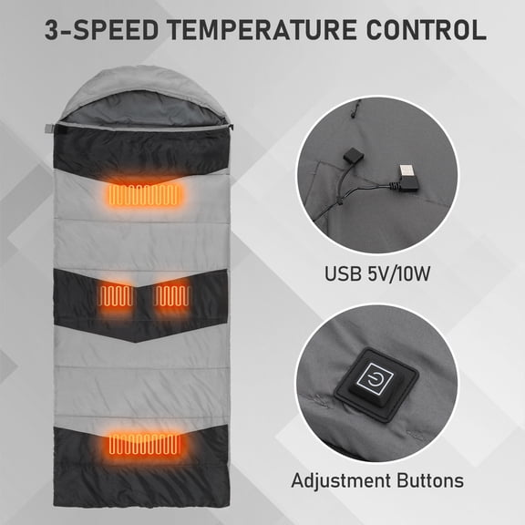 Rectangular Heated Sleeping Bag, Lightweight Sleeping Bag with Multi USB Powered Heating Pads, Waterproof Compact Envelope Sleeping Bag for Backpacking Hiking, Gray