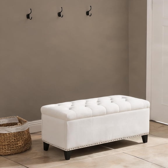 Rectangular Hinged Storage Ottoman Bench, Soft Beige Teddy Fabric, 500lb Capacity for Living Room Entryway