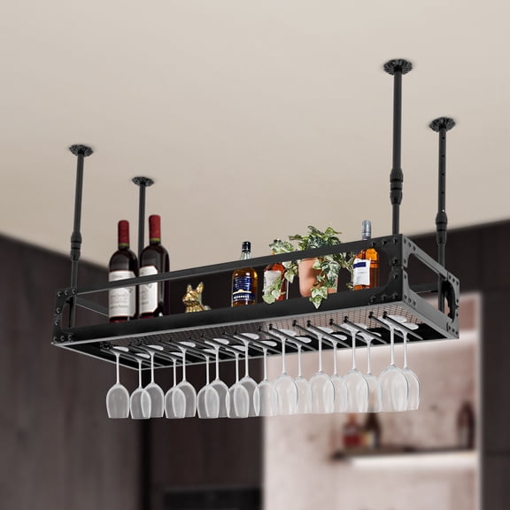 Industrial Vintage Bar Floating Shelf Black Ceiling Mounted Wine Bottle Holder
