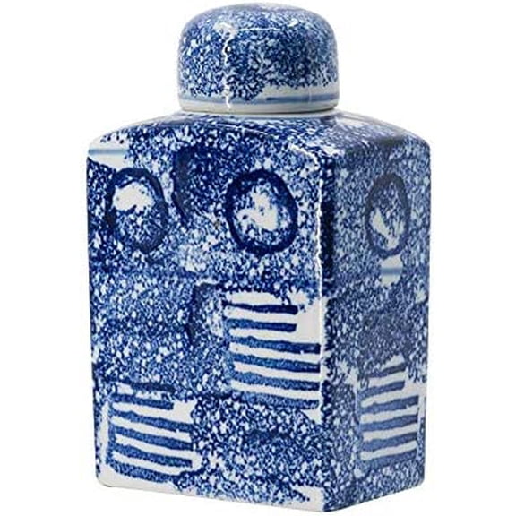 A&B Home Rectangular Jar with Abstract Pattern and Handled Lid - Blue, White Finish