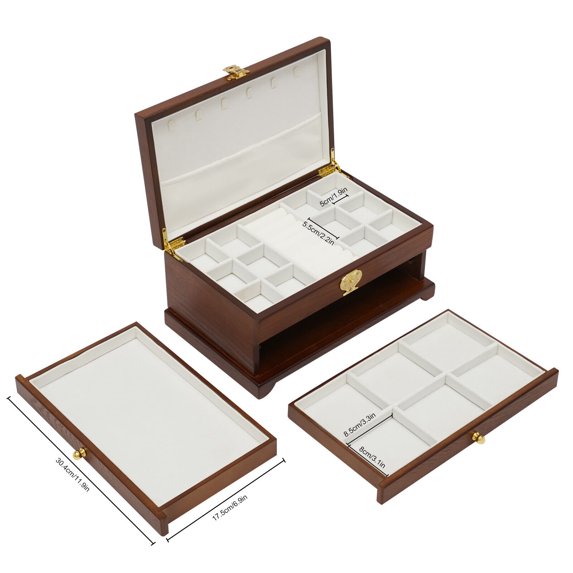 Rectangular Jewelry Box Case Necklace Ring Watch Storage Cabinet Organizer W/ 2 Drawers