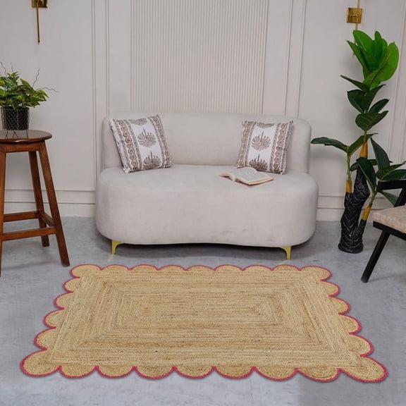 KALVEERA Scalloped Boho Braided Pink Boho Area Rug, 6' x 9', Non-Slip Backing