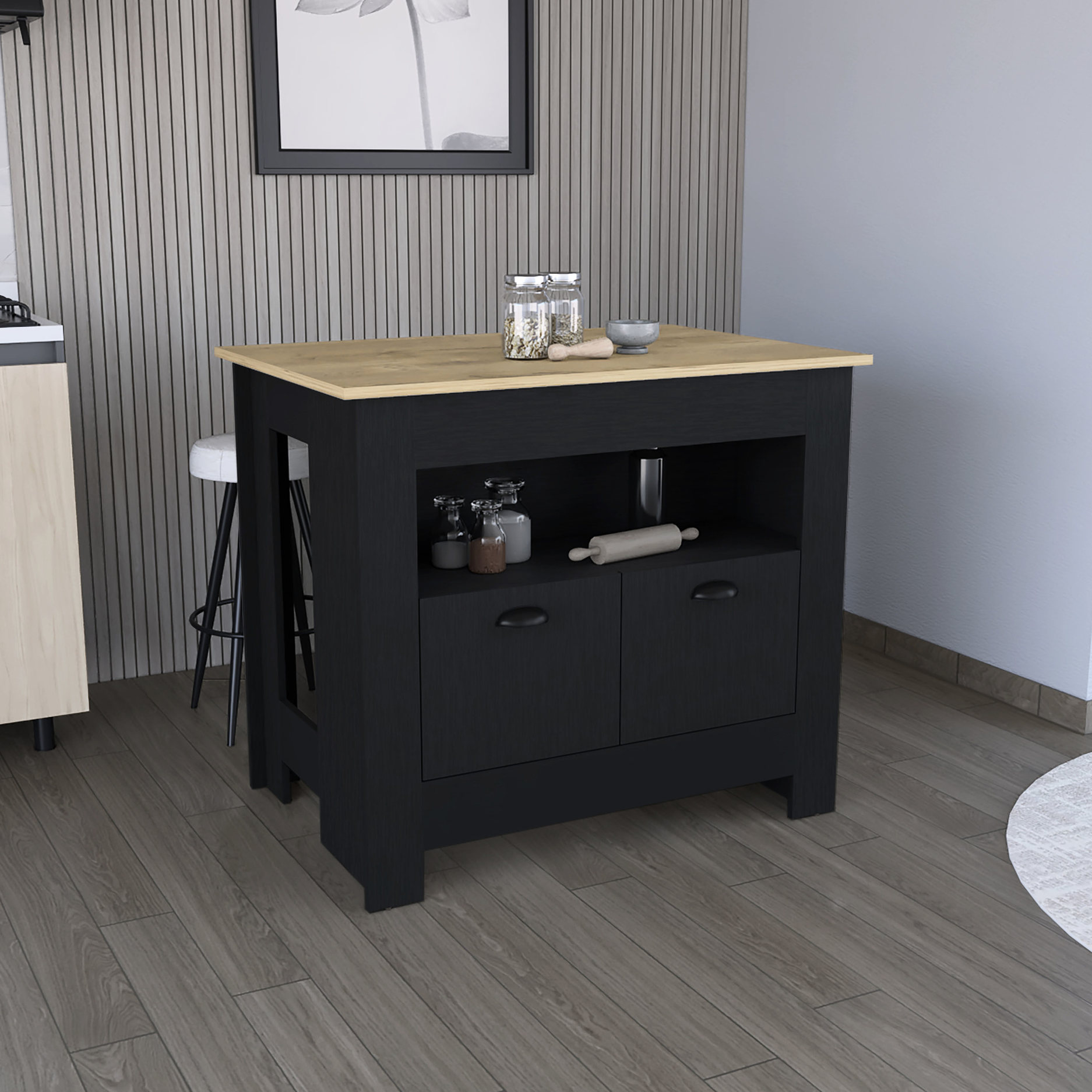 Kitchen Island Long Rectangular Rectangular Kitchen Island with Two Cabinet Doors and Shelf for Kitchen ...