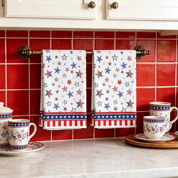 Rectangular Kitchen Towel (23.6x15.7 Inch), Absorbent Patriotic Kitchen Towel Set, Festive Independence Day Dish Cloth for Hosts & Homeowners