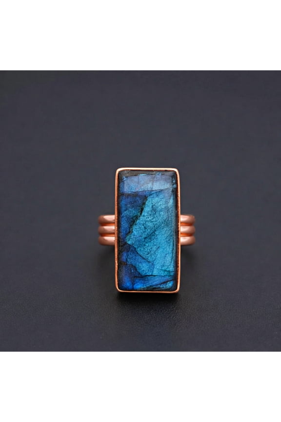Rectangular Labradorite Statement Ring, Solid Pure Copper Jewelry, Large Blue Flash Gemstone Ring