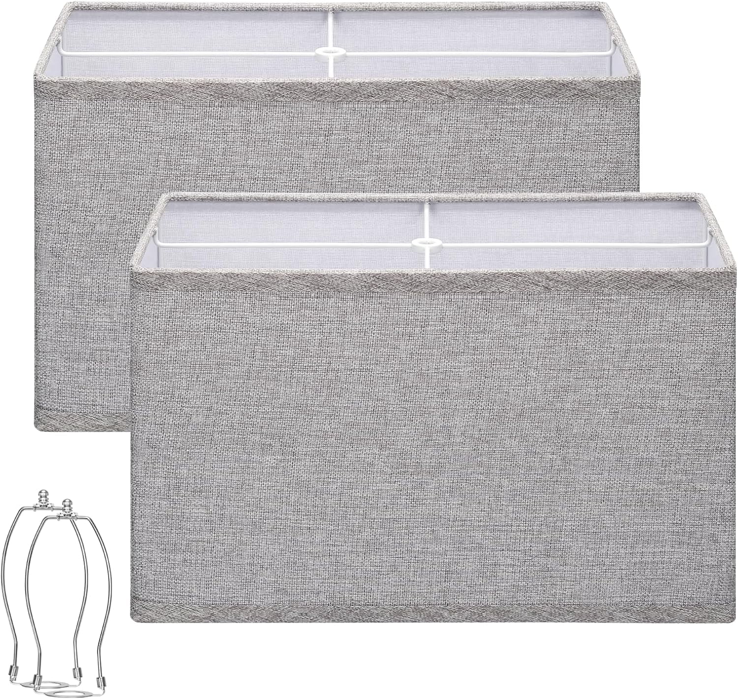 Rectangular Lamp Shades Set of 2, 16"L x 8"W x 10"H Large Lamp Shade, Gray Lampshades for Floor Lamps Table Lamps, Natural Linen Hand Crafted, Spider, Harp Holders Included, Easy Assembly Required