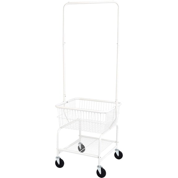 Rectangular Laundry Hamper Basket Butler Cart with Wheels and Hanging Rack, Sturdy Metal, 71.1 inches Height, White