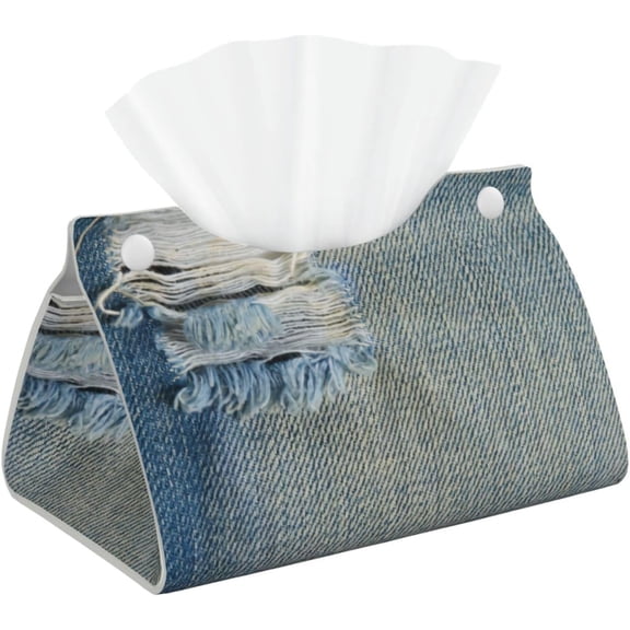Rectangular Leather Tissue Box Cover for Bathroom, Dining Table, Office Desk Ripped Denim Blue Jeans with Shredded Threads Napkin Holder Home Decor