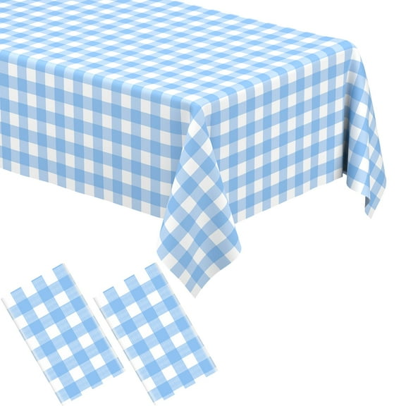 2 pack Blue and White Checkered Tablecloth, Disposable Plastic Gingham Table Cover for Parties, Picnics, BBQ, Camping, 54 108 inch, Light Blue
