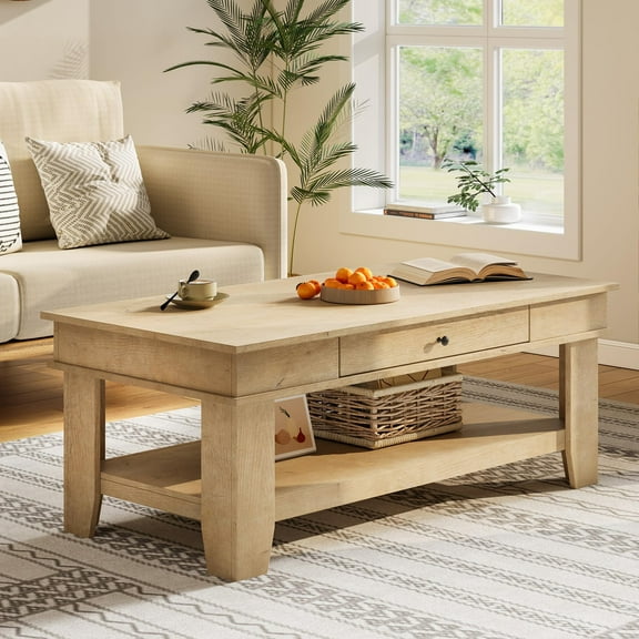 Rectangular Light Oak Coffee Table for Living Room - 47" Center Table with Drawer and Storage Shelf - Modern Rustic Farmhouse - Sturdy Four-Leg, Easy-to-Clean Heavy Duty Surface - Color: Light Oak