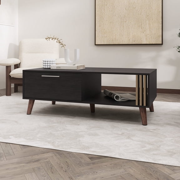 Rectangular Living Room Table | Tapered Legs, Open Compartments for Display | Particle Board with Melamine Coating | Long-Lasting Use