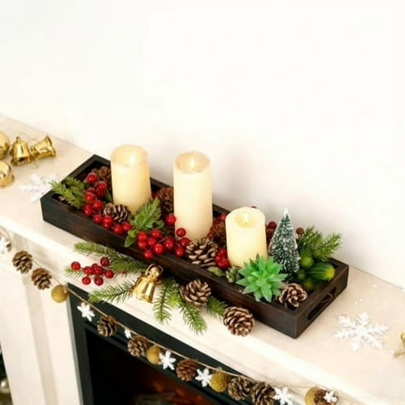 Rectangular Long Narrow Tray: Rustic Wooden Decorative Serving Centerpiece Decor Rectangle with Cutout Handles Candle Holder Trays for Home Coffee Table Living Room Bathroom, Black Brown
