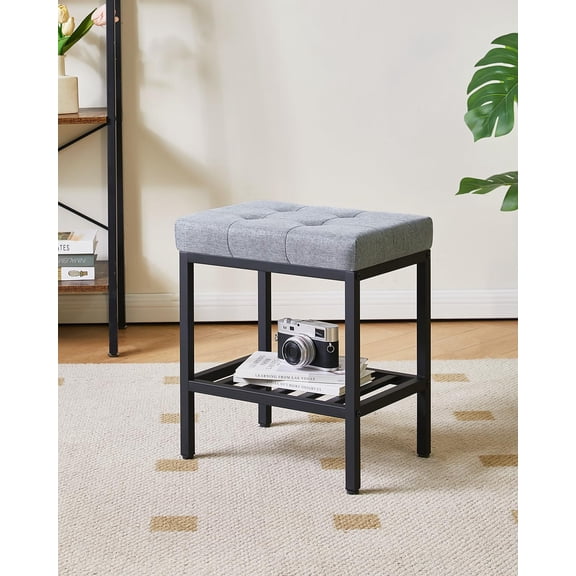 Rectangular Makeup Stool with Adjustable Feet and Storage Space, Footrest Chair, Linen Seat Vanity Stool, Multi-Use as Small Side Table or Ottoman, for Bedroom, Blue Gray WBD017L