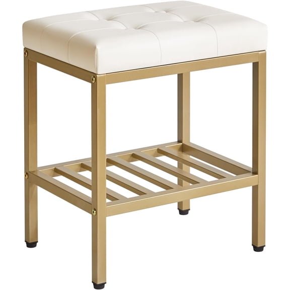Rectangular Makeup Stool with Adjustable Feet and Storage Space, Footrest Chair, PU Vanity Seat, Multi-Use as Small Side Table or Ottoman, for Bedroom, White WBD017W