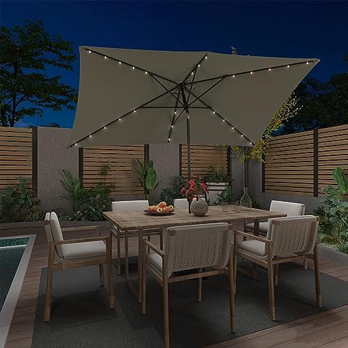 Rectangular Market Umbrella with Lights 10 x 6.5 FT Outdoor Solar LED Patio Umbrella Tilt and Crank Aluminum Commercial Table Umbrella for Pool Backyard Balcony