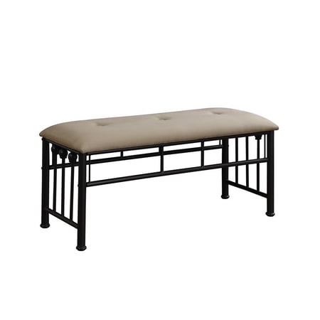 Rectangular Metal Bench with Fabric Upholstered Seat, Beige and Black