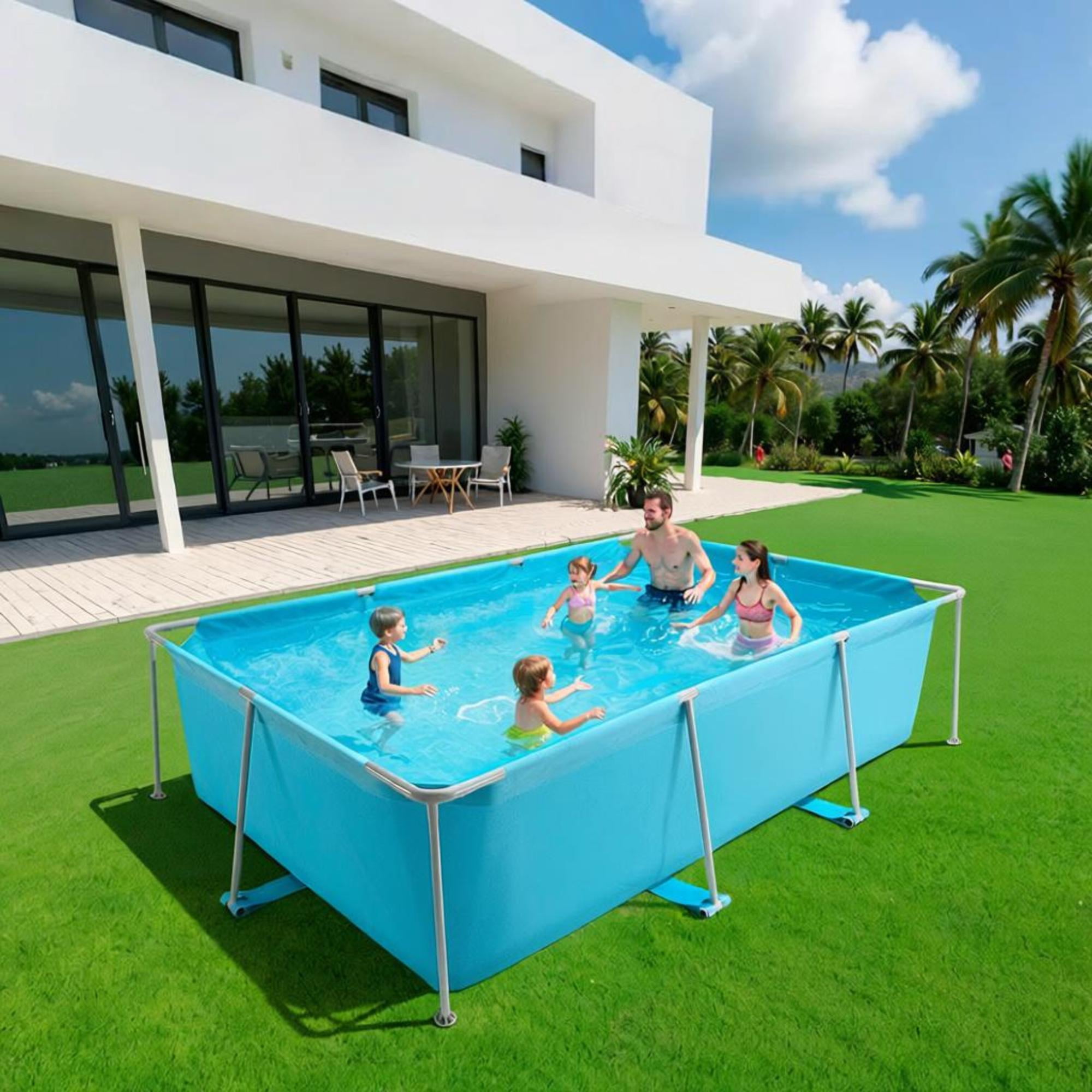Rectangular Metal Frame Above Ground Swimming Pool, 1046 Gal 118 x 78 x 30 Inch Outdoor Backyard Family Pool, Rust Resistant Steel Frame, Blue