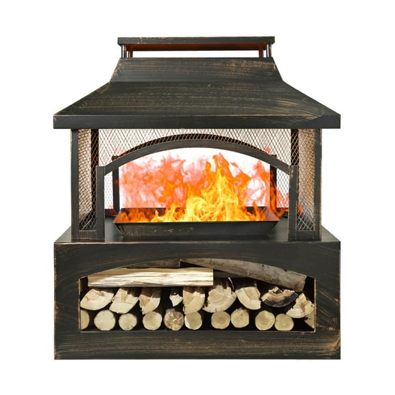 Rectangular Metal Outdoor Wood Burning Fireplace 37-Inch Log Burner Fire Pit Antique Brass - Patio Garden Backyard