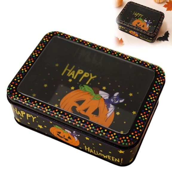 Rectangular Metal Tin Box with Clear Lid,Halloween Cookie Tin Box, Metal Treat Organizer for Crafts, Candy, Keys, Gifts & DIY