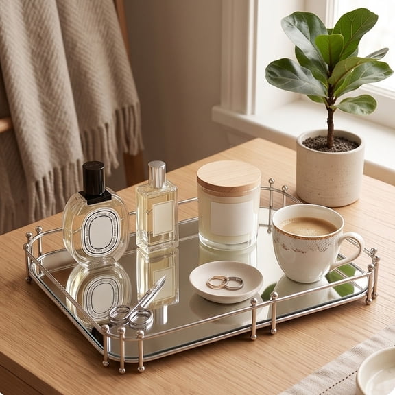 Rectangular Mirror Decorative Tray with Ball Beaded Metal Frame, Elegant Vanity Storage Tray with Raised Guardrail, Multipurpose Serving Display Tray for Bedroom Bathroom Home Decor