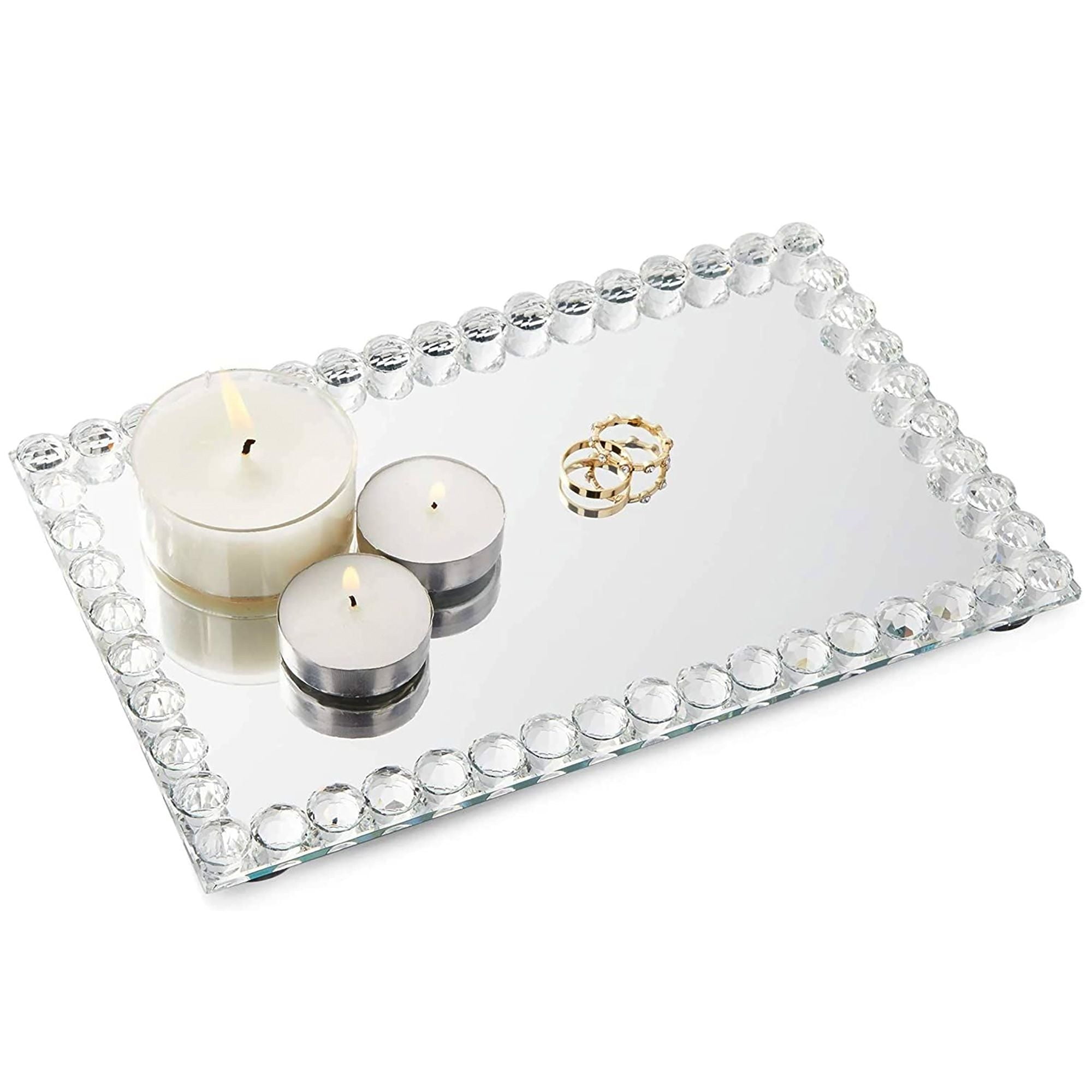 Rectangular Mirror Tray Crystal with Bead Diamond Shape Trim for Bathroom Vanity, Decorative Serving Tray for Coffee Table, Home Decor, Candles, Jewelry (9x6x1 in)