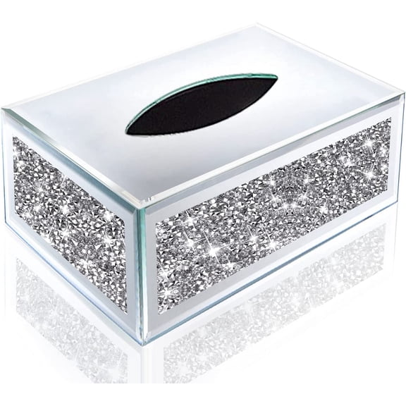 Rectangular Mirrored Tissue Box Cover,Crystal Crushed Diamond Tissue Box,Silver Luxury Tissue Holders for Either Tissues in a Bathroom or Napkins on a Table.(10x5.7x4)