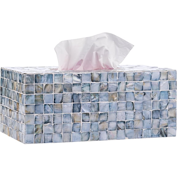Rectangular Mother of Pearl Tissue Box Capiz Shell Handmade Rectangle Tissue Box Cover Holder Decorative Napkin Dispenser Organizer Rustic Farmhouse Vintage Decor (Blue)