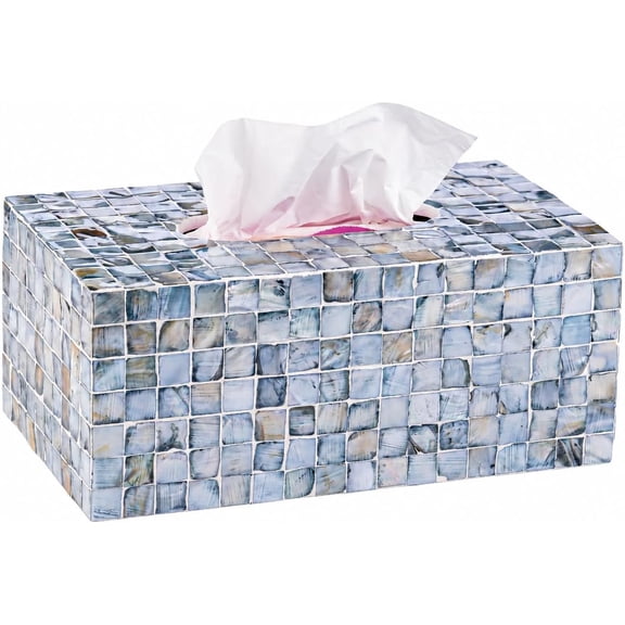 Rectangular Mother of Pearl Tissue Box Capiz Shell Handmade Rectangle Tissue Box Cover Holder Decorative Napkin Dispenser Organizer Rustic Farmhouse Vintage Decor (Blue)