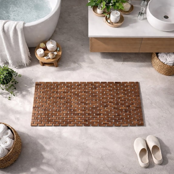 Evideco French Home Goods Slats Bamboo Mat Contemporary Brown Bamboo Bath Rugs, 40"L x 18"W, Non-Slip Backing