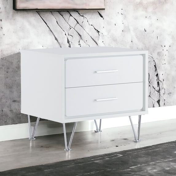 Rectangular Night Table With 2 Drawers In White, Metal Legs 2 Accent Wooden,
