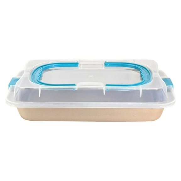 Rectangular Nonstick Baking Pan with Lid Portable Baking Tray with Folding Handle for Dough Bread Cake Food Storage Carbon Steel Pan for Ciabatta Baguette Focaccia Bread etc Champagne Gold 14.5In