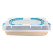 Rectangular Nonstick Baking Pan with Lid Portable Baking Tray with Folding Handle for Dough Bread Cake Food Storage Carbon Steel Pan for Ciabatta Baguette Focaccia Bread etc Champagne Gold 14.5In