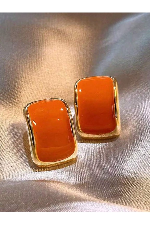 Rectangular Orange Enamel Stud Earrings With Goldtone Metal Frame