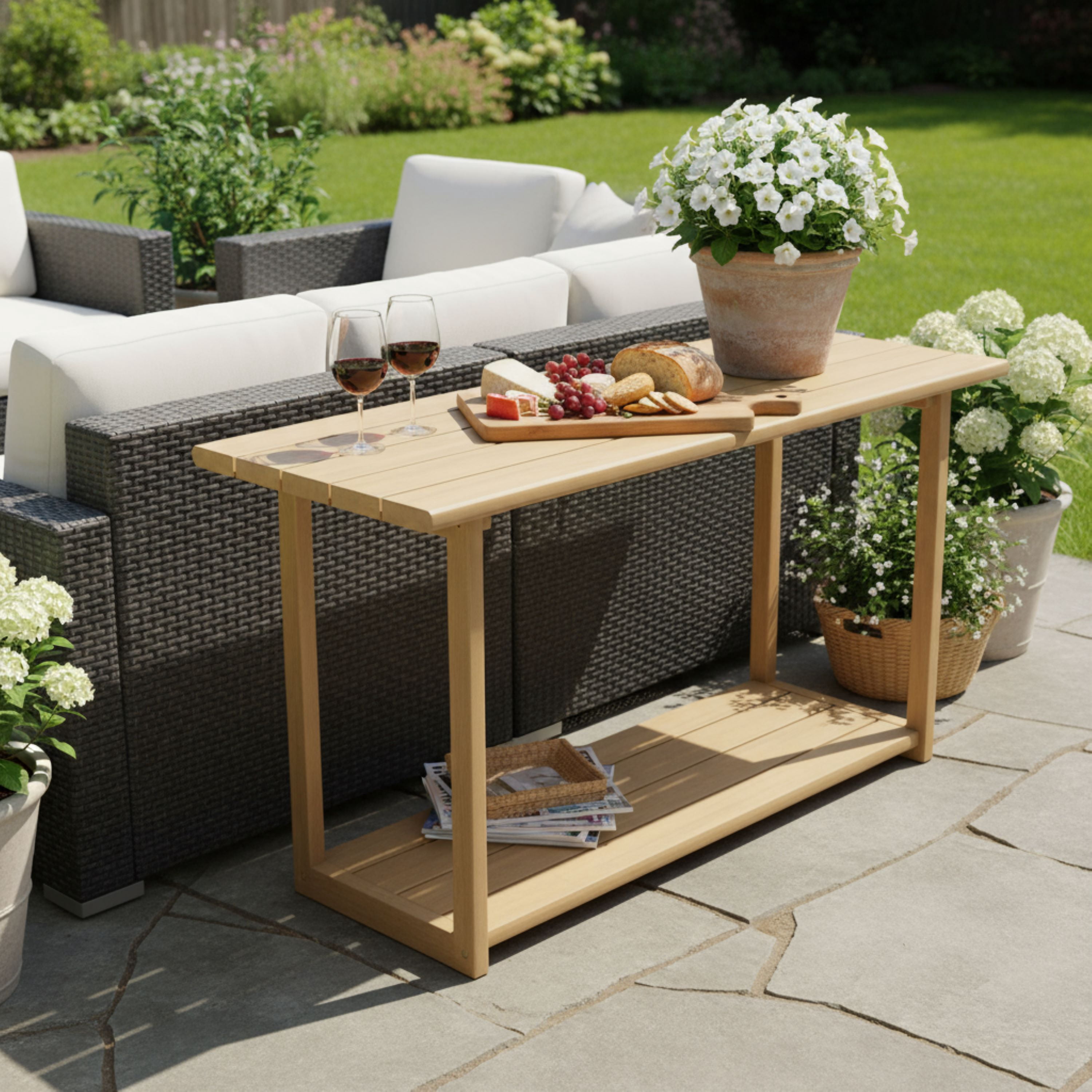 Rectangular Outdoor Buffet and Console Table for Patio Garden Deck, Light Teak