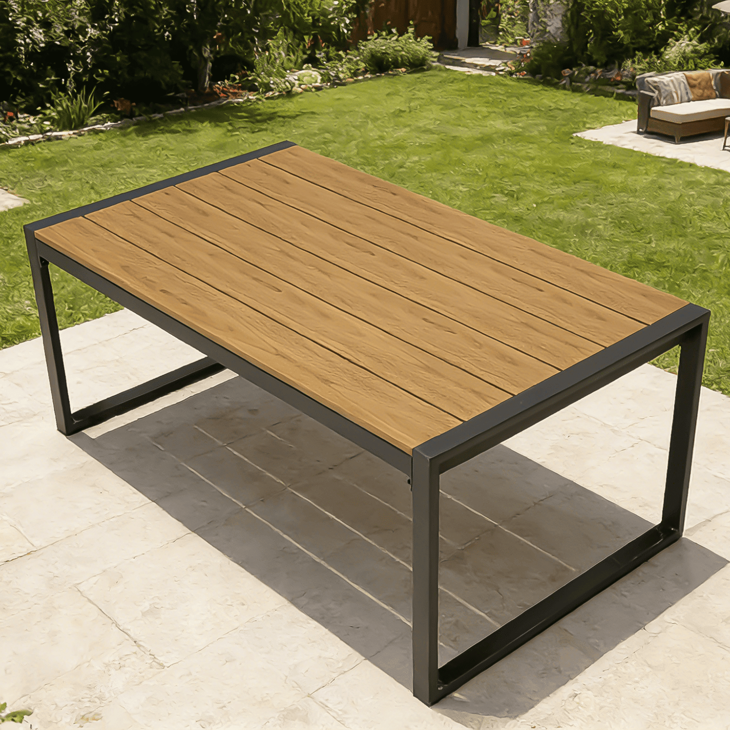 Rectangular Outdoor Patio Coffee Table, Rustproof Steel Frame with Weather Resistant WPC Wood-Like Tabletop, 165 LBS Capacity Side Table for Deck Porch Balcony Yard