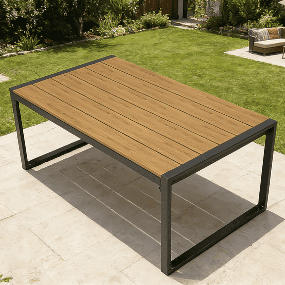 Rectangular Outdoor Patio Coffee Table, Rustproof Steel Frame with Weather Resistant WPC Wood-Like Tabletop, 165 LBS Capacity Side Table for Deck Porch Balcony Yard