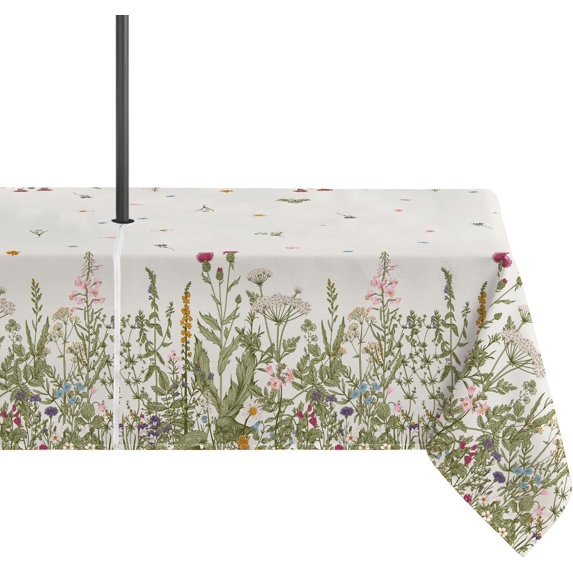 Rectangular Outdoor Tablecloth 60×84 Inch, Waterproof Spring Summer Floral Flowers Washable Table Cover with Zipper Umbrella Hole for Party Dinner Patio Garden Picnic BBQ