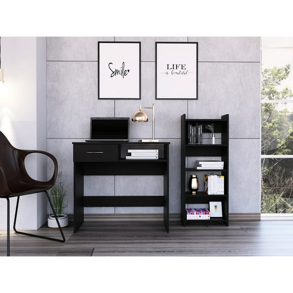 Rectangular Particle Board Desk with Keyboard Tray | Bedroom Setup | Five - Shelf Bookcase and Single Drawer